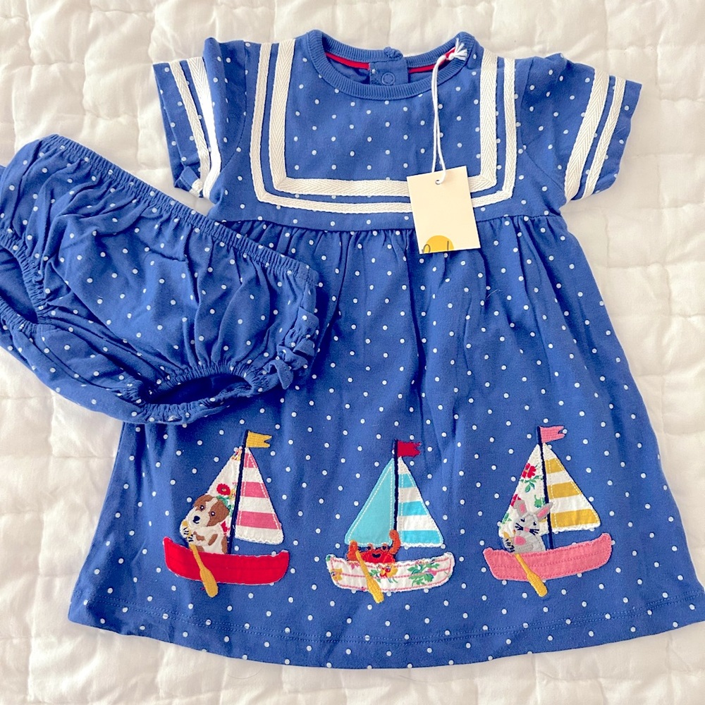 NWT Baby Boden appliqué sailor dress with matching bloomers